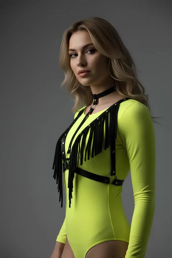 Fringe Faux Leather Body Harness with Choker Detail