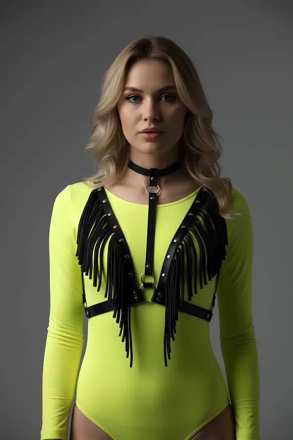 Black Faux Leather Fringe Chest Harness