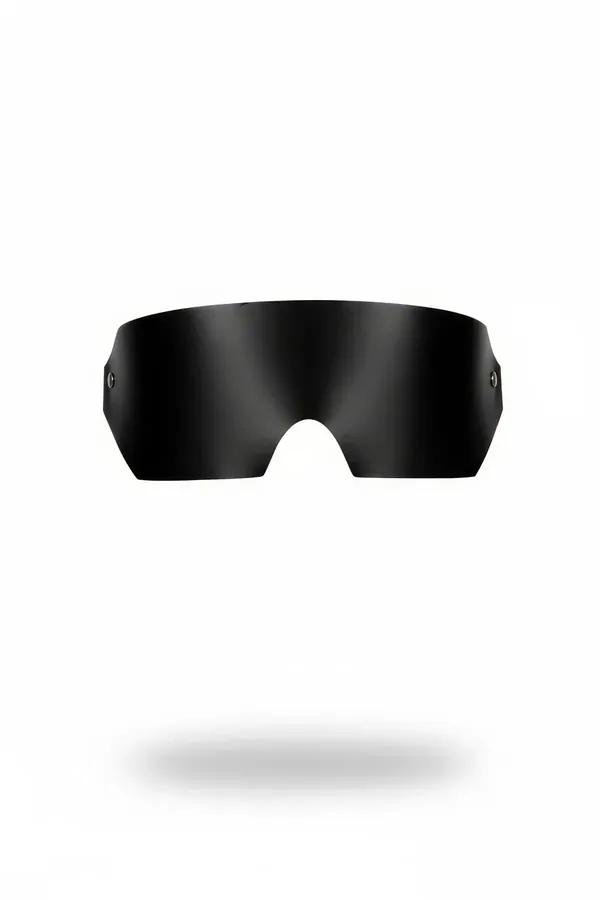 black faux leather wide cut blindfold with silver rivet details structured shield shape