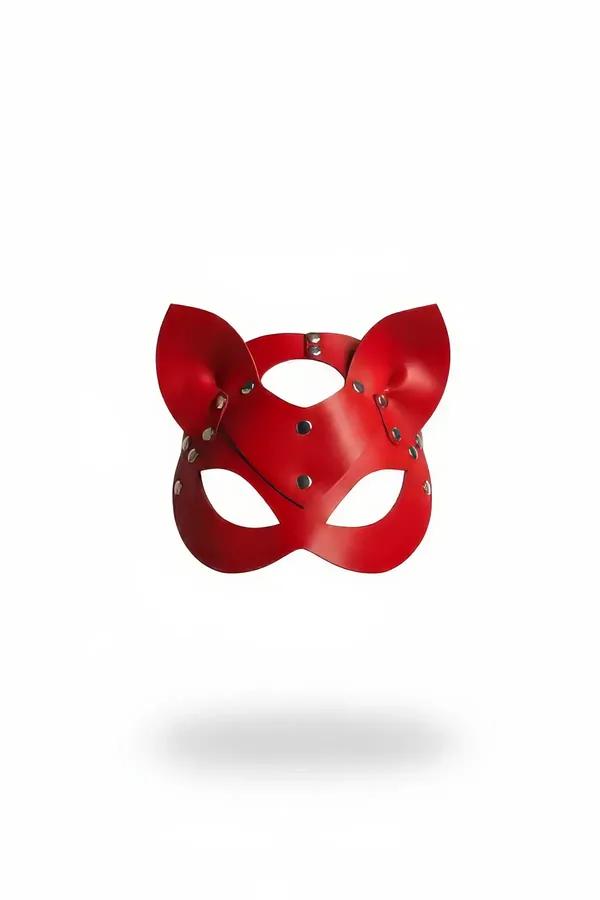red faux leather cat ear mask with silver dome studs, structured half-face design, sculpted cat ears