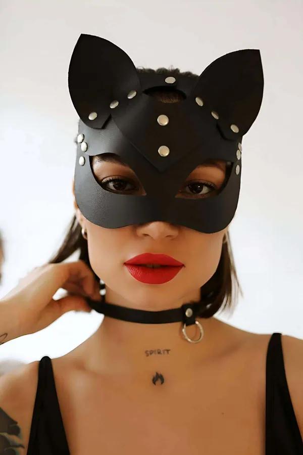 siyah vegan deri kedi kulak maskesi gümüş perçin detaylı ve gümüş zincirli choker tasma iki parçalı aksesuar seti