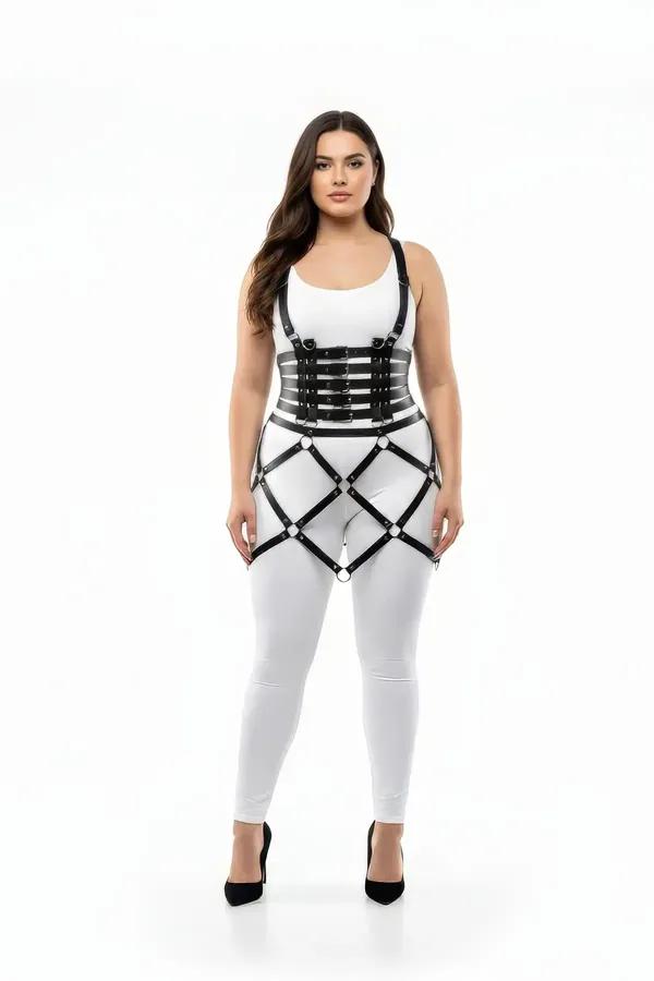 Black Faux Leather Skirt & Corset Body Harness Set