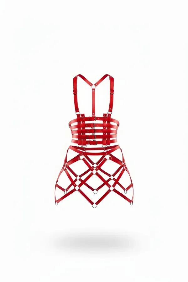 Red Faux Leather Bustier Top and Cage Skirt Harness Set