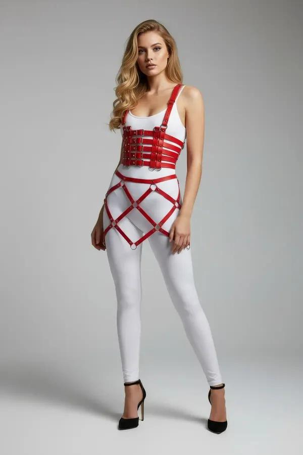 red faux leather chest and waist harness set with multi-strap structured chest piece and geometric cage hip straps silver O-r
