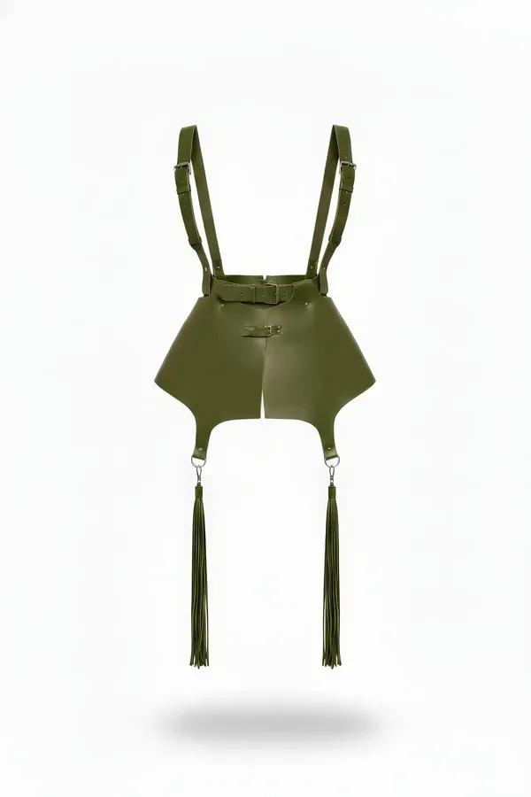 khaki faux leather skirt harness with adjustable shoulder straps and dangling tassels, silver buckle hardware, matte olive fi