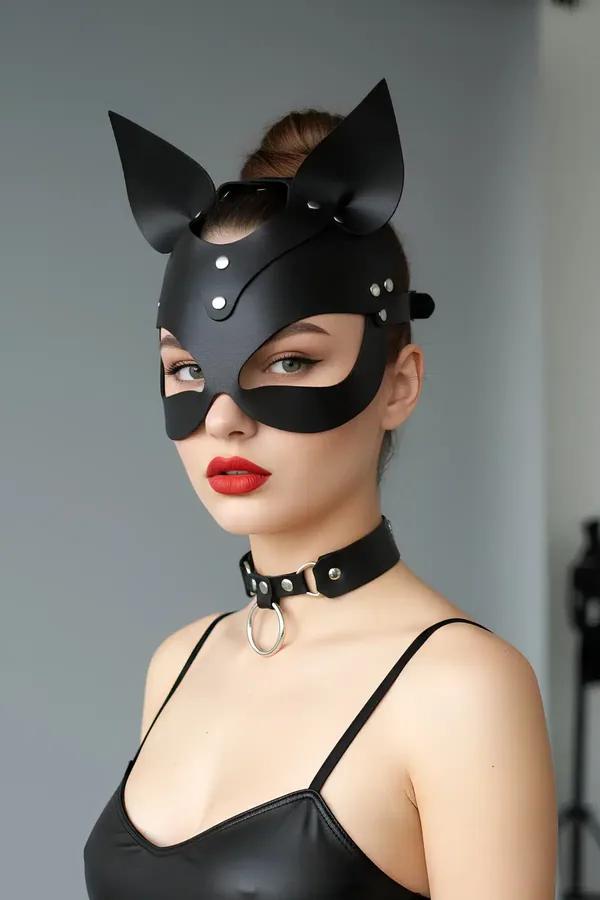 black faux leather cat mask with stand-up ears and silver studs worn with matching O-ring choker