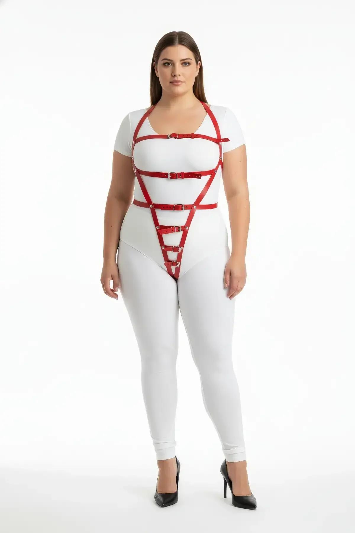 Red Faux Leather Body Harness with Adjustable Straps