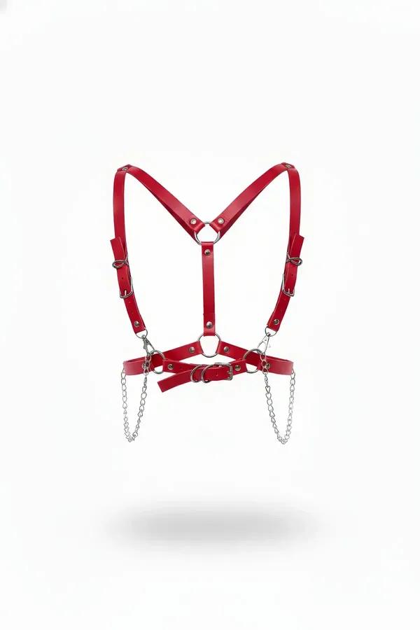 Red Faux Leather Chest Harness with Adjustable O-Ring Straps