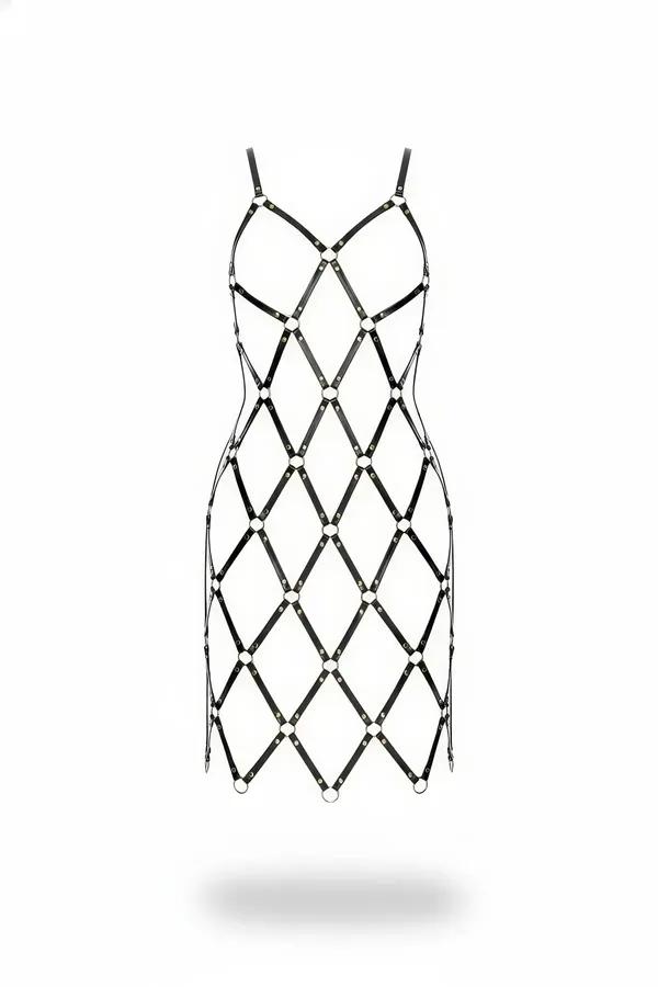 Diamond Mesh Faux Leather Full Body Harness Dress