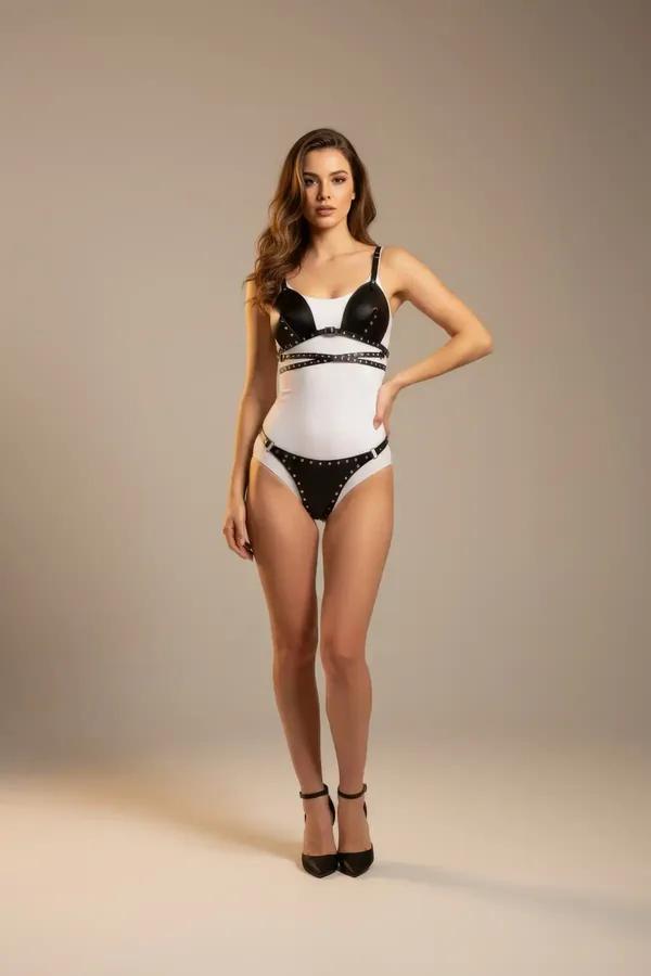 black studded faux leather harness bralette and panty set with silver rivet trim on shoulder and under-bust straps