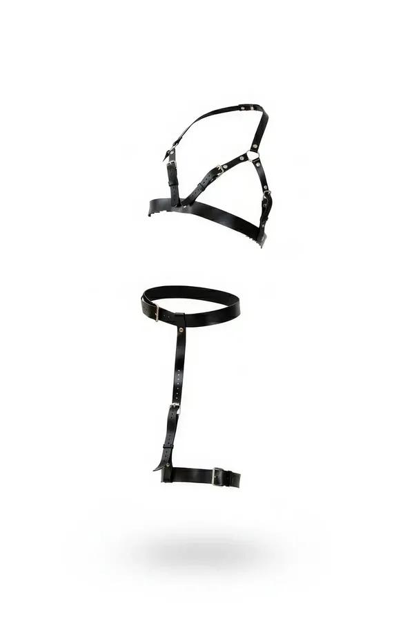 black faux leather chest harness and thigh garter set with silver-tone buckle hardware, two-piece boudoir fashion accessory