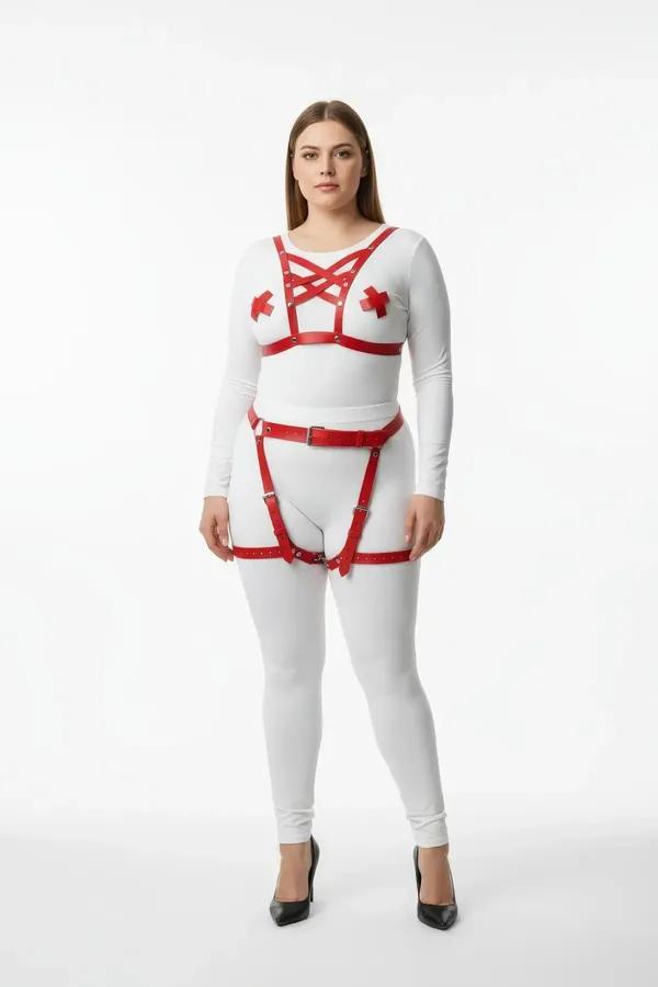 red faux leather body harness set with criss-cross chest straps and adjustable thigh garters, silver buckle hardware