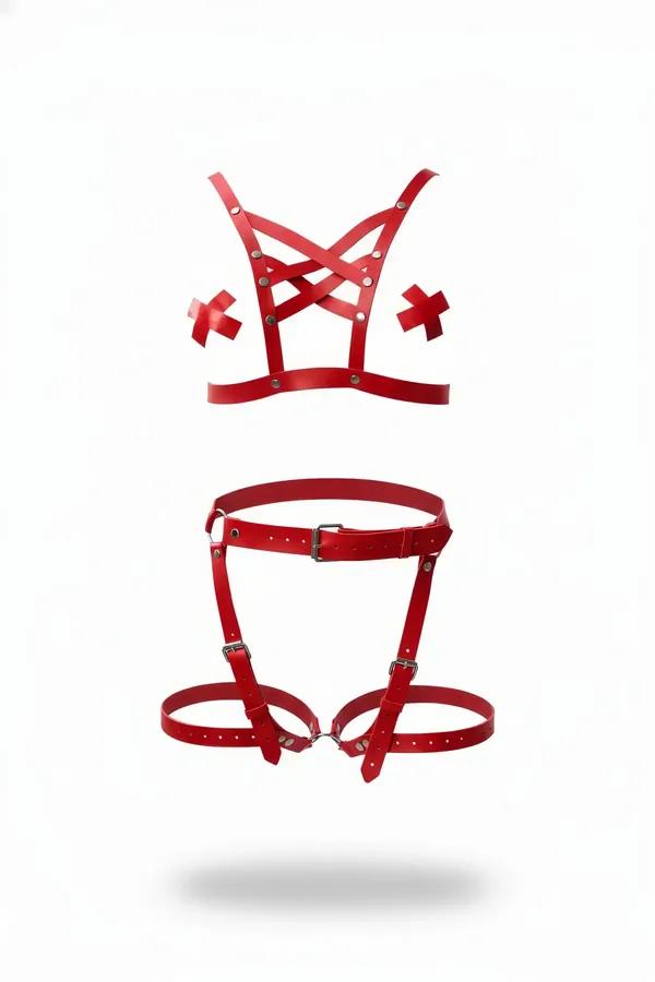 red faux leather harness set with studded cross-bra chest harness and adjustable thigh garter belt silver hardware
