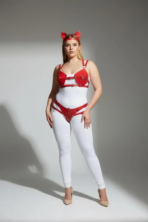 red vegan leather harness set with cat ears headband silver O-ring buckle hardware chest and hip straps plus size model