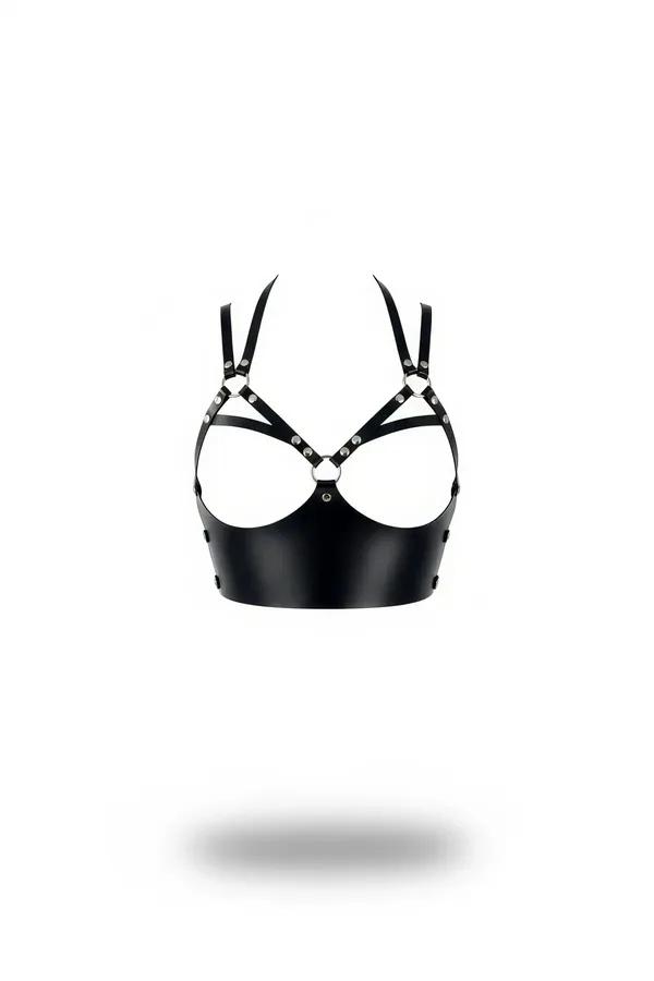black faux leather open bust harness crop top with silver O-rings and crossing straps, matte finish