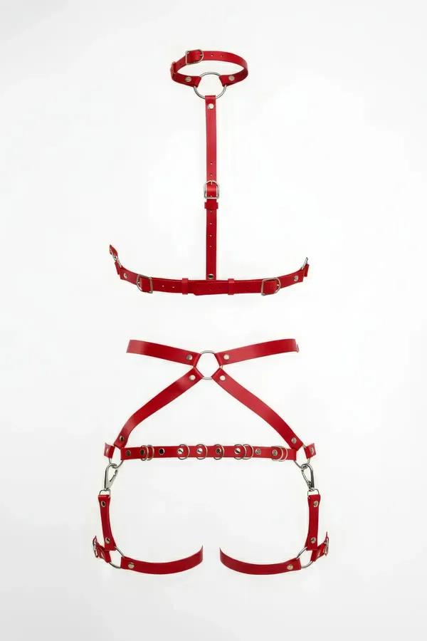 Red Vegan Leather Full Body Harness with O-Ring Garter