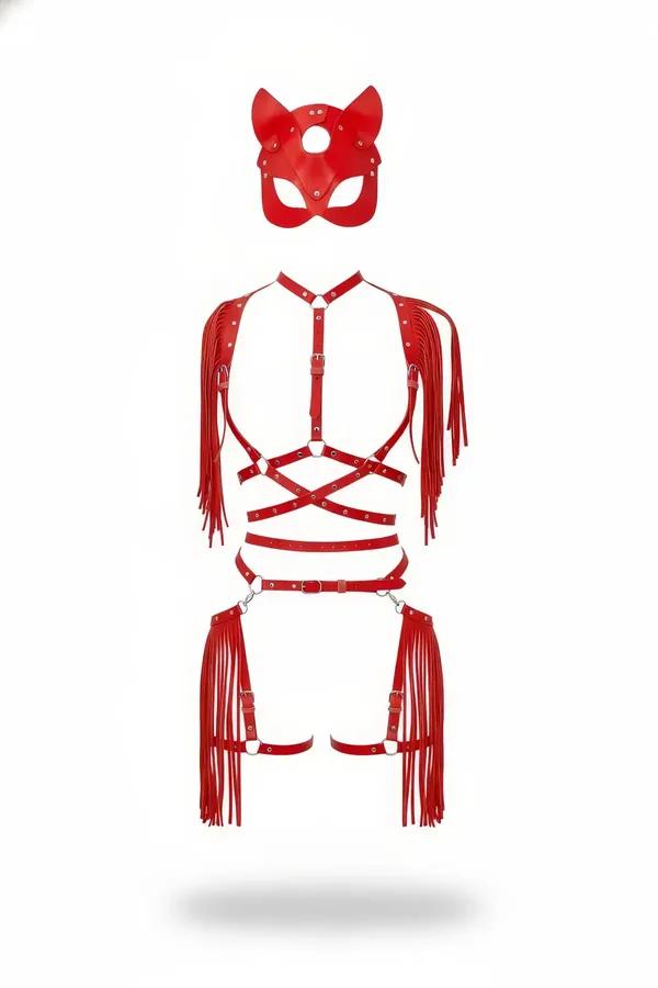 red faux leather fringe body harness set with cat-ear mask silver hardware white background