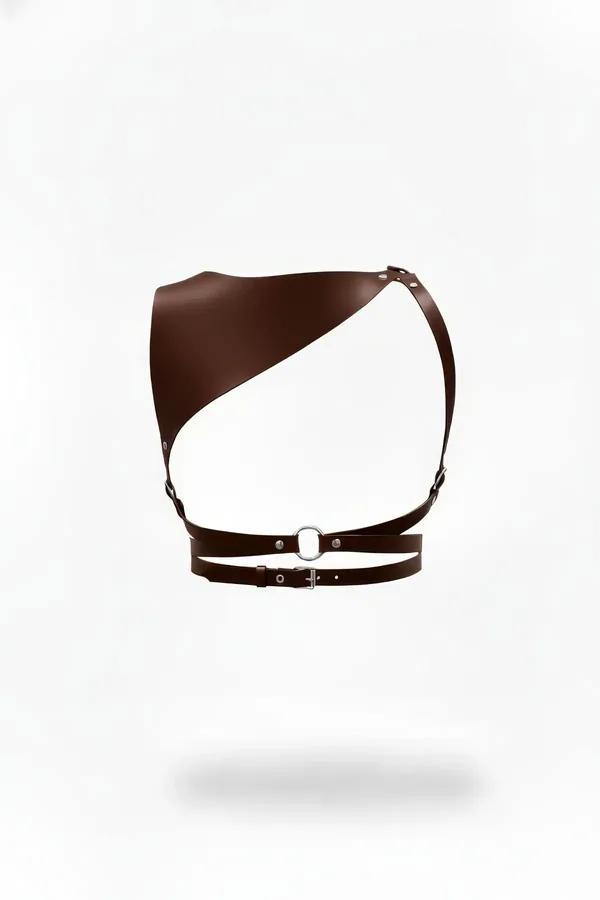 Brown asymmetrical faux leather shoulder body harness with diagonal panel, silver O-ring and double waist straps