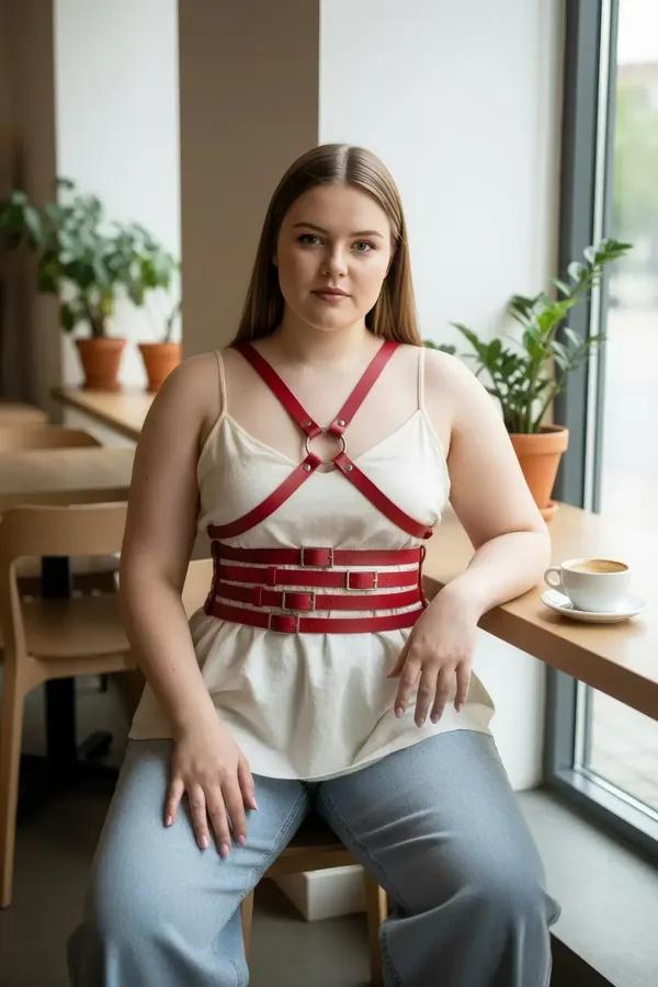 Red faux leather waist and chest harness set with gold O-ring and triple-buckle waist cincher worn over white top