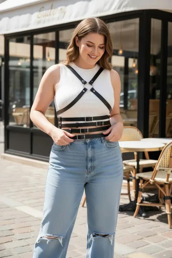 ខ្សែក្រវ៉ាត់ Harness រាងកាយពណ៌ខ្មៅពីស្បែកសិប្បនិម្មិតមានខ្សែខ្វែងទ្រូងជាមួយកងដែកអក្សរ O សម្រាប់នារី
