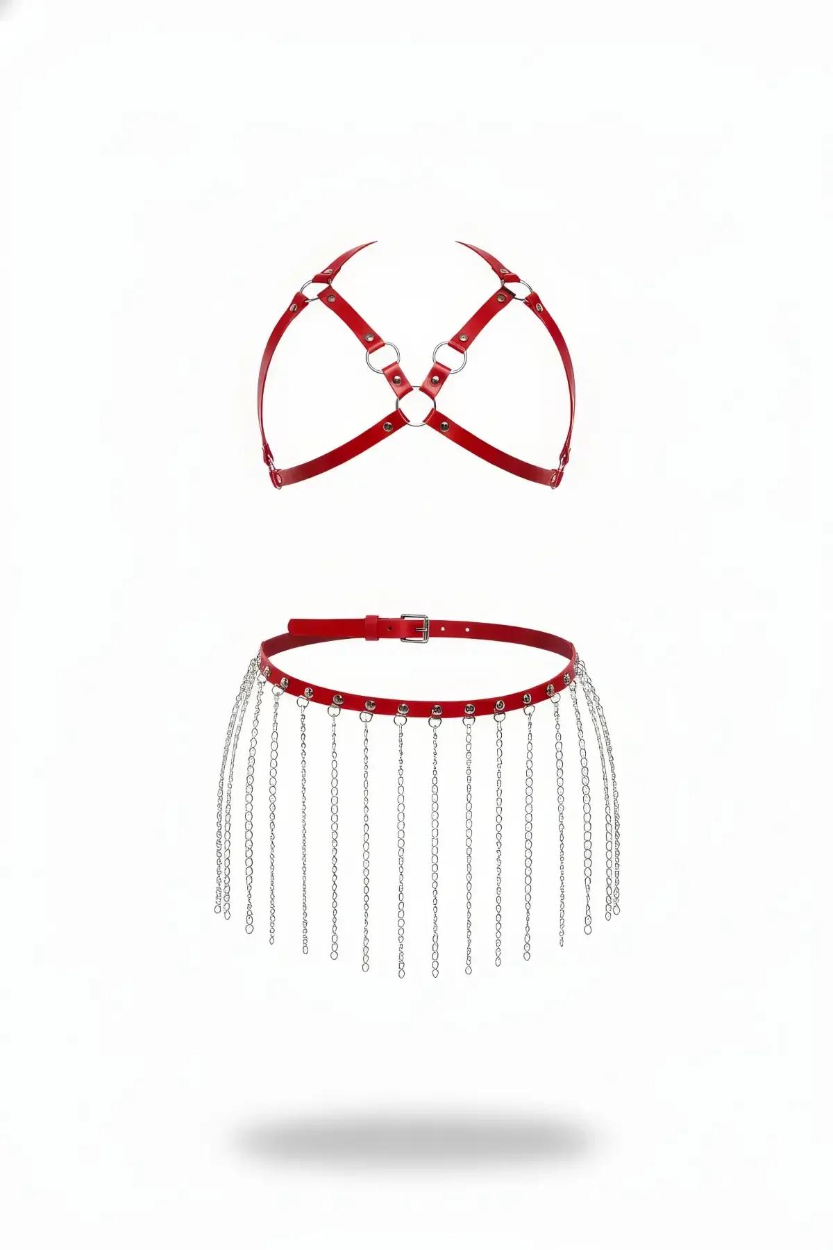 Red Faux Leather Chest Harness & Chain Fringe Waist Set