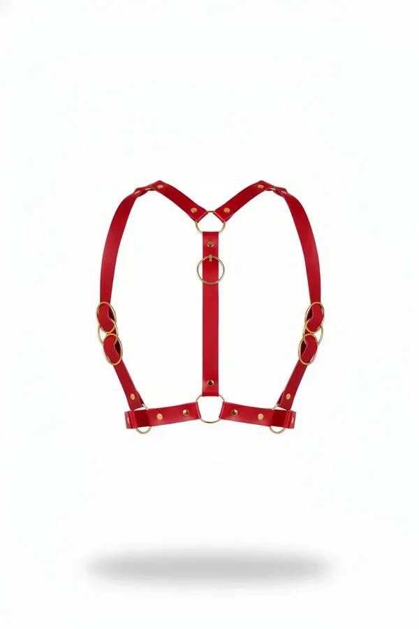 Red Faux Leather Chest Harness with O-Ring Hardware