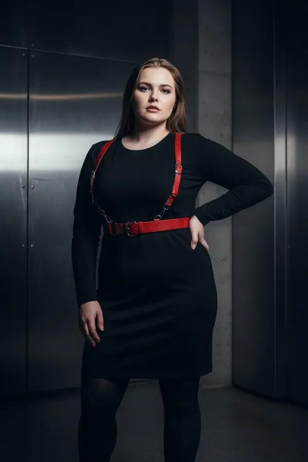 red faux leather suspender waist harness belt with silver D-ring buckles worn over black dress