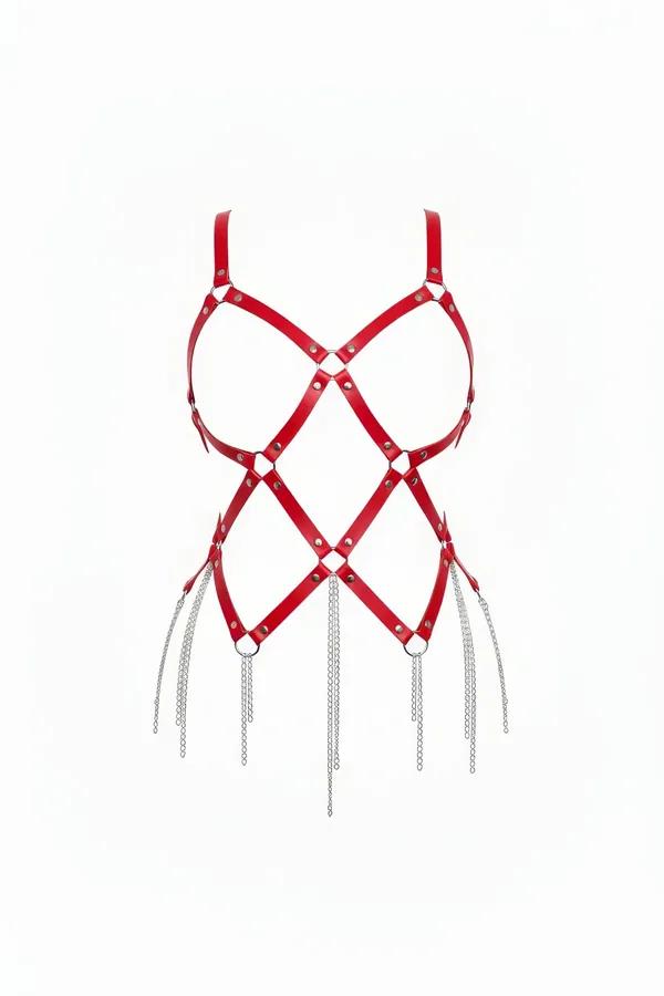 Red Strappy Body Harness with Silver Chain Drip