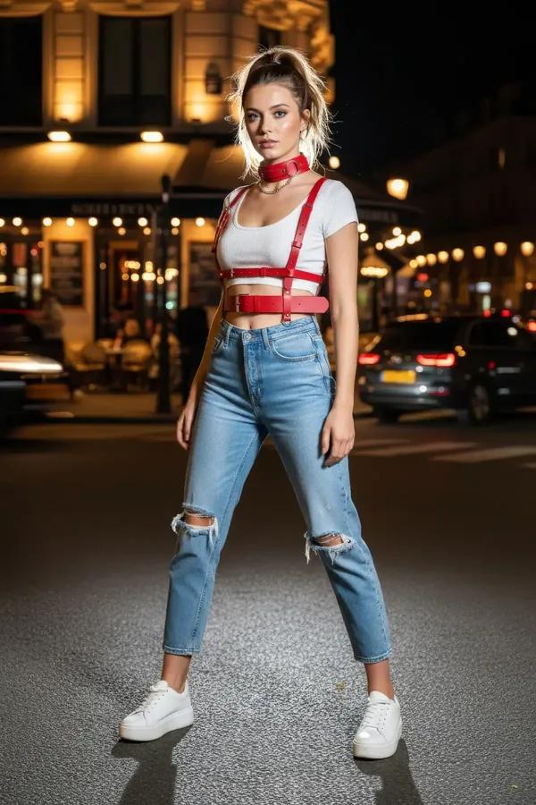 red faux leather chest harness with adjustable silver buckle straps and matching red choker worn over white lace top