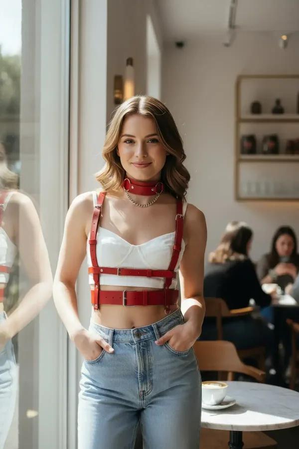red faux leather chest harness with adjustable silver buckle straps and matching red choker worn over white lace top