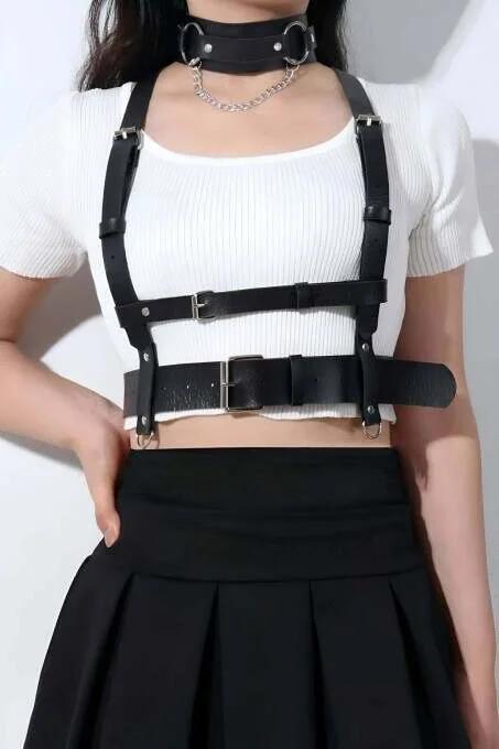 Underbust Harness Front View Black Faux Leather Adjustable Straps with Buckle Closure and O-Ring Chain Detail