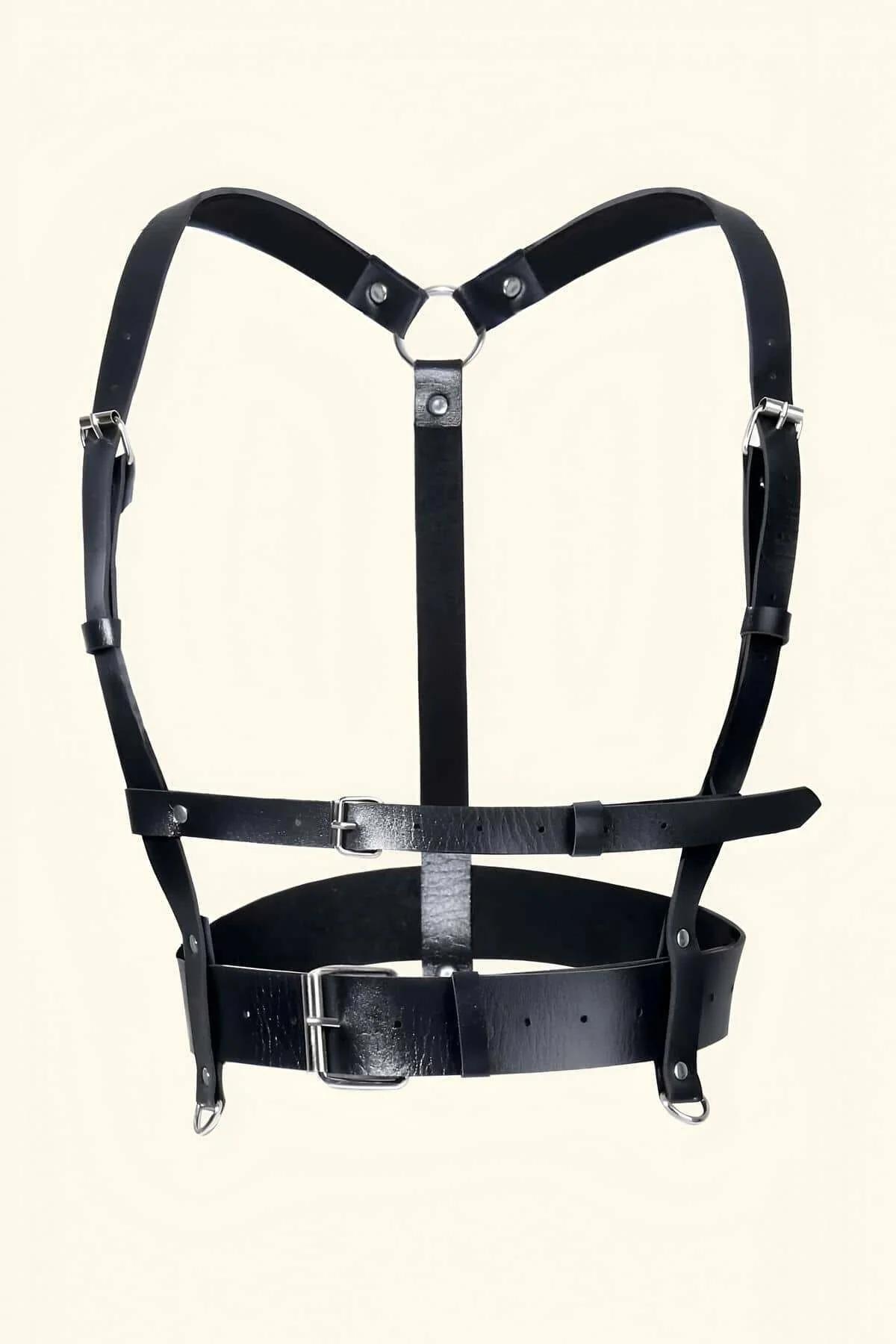 Close-Up of Silver O-Ring Chain Attached to Choker and Waist Belt in Black Faux Leather Harness Set