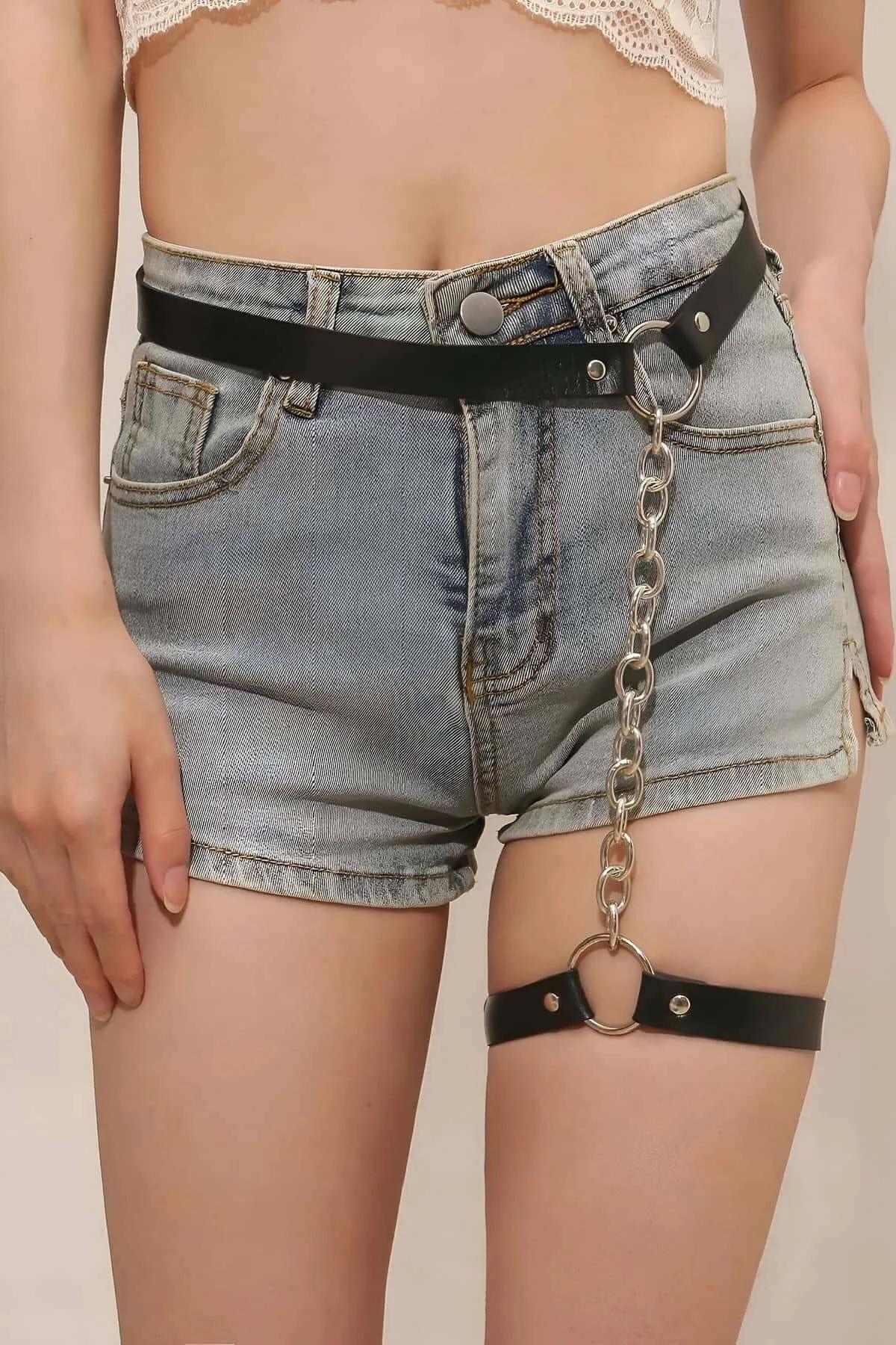 Faux Leather Thigh Garter Close-Up Silver O-Ring Hardware Lingerie Set with Detachable Chain Detail