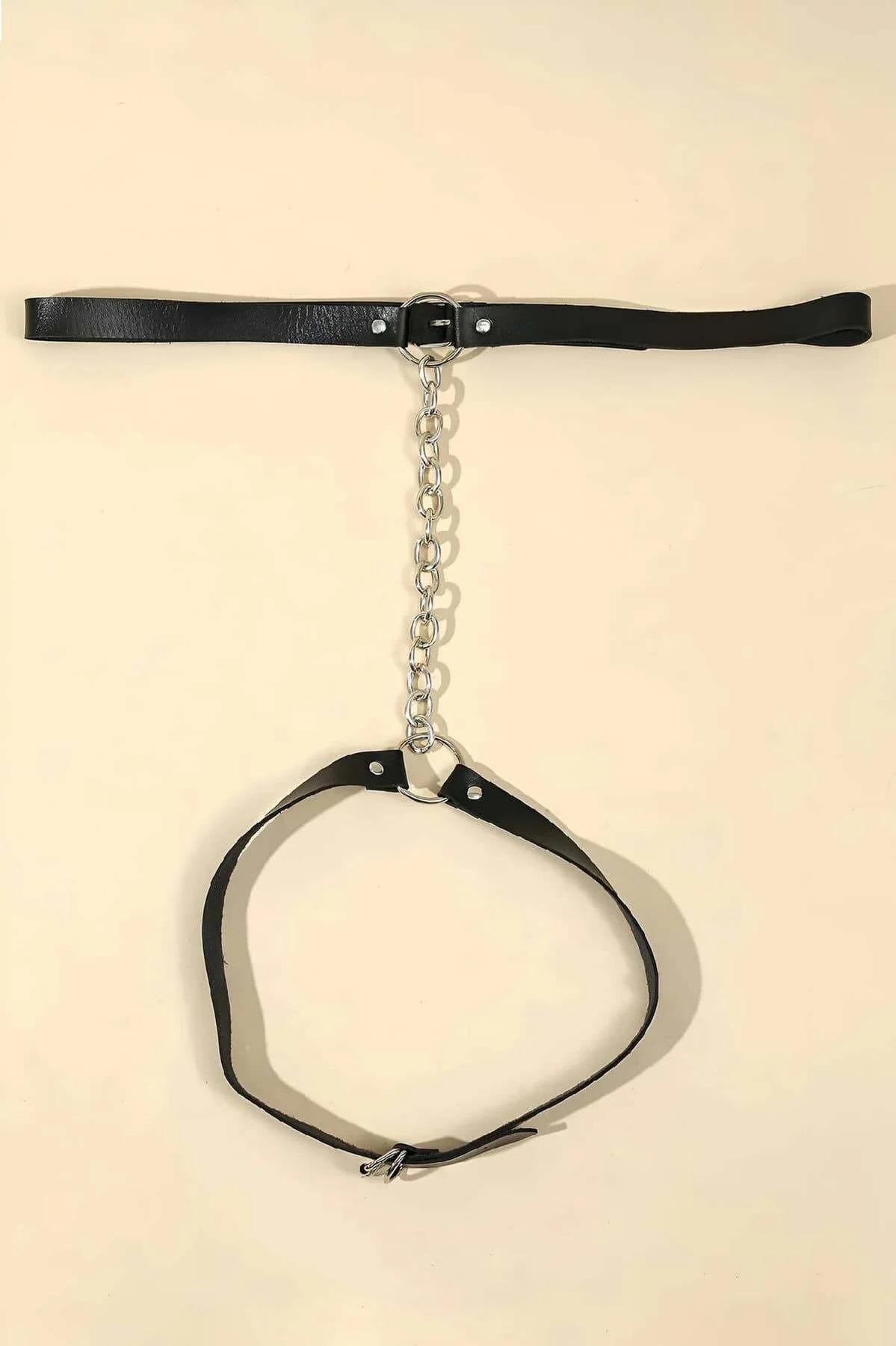 Silver Chain Body Harness Side Profile Connected to Thigh Strap in Black Leather with Adjustable Buckles and Metal Ring