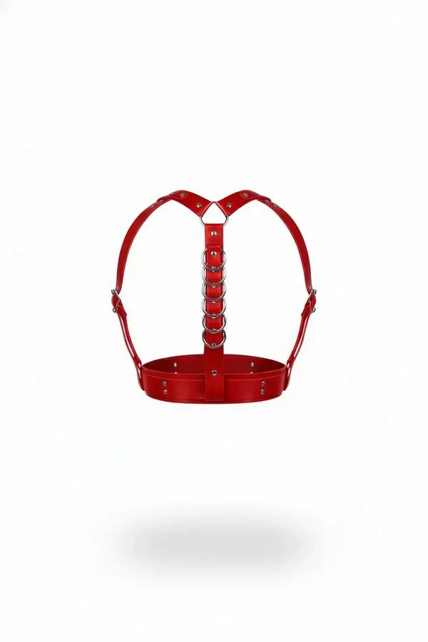 Red Faux Leather Underbust Harness with Stacked O-Ring Front