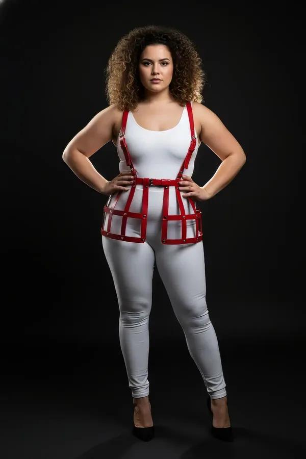 red vegan leather caged underbust harness vest top with rectangular grid panels and gold-tone rivet hardware