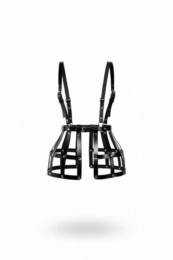 Black Faux Leather Cage Skirt Harness with Shoulder Straps