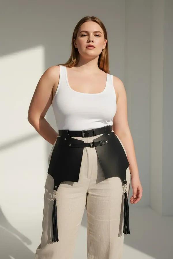 black faux leather waist harness with wide skirt panels and tassel fringe worn over white T-shirt and jeans