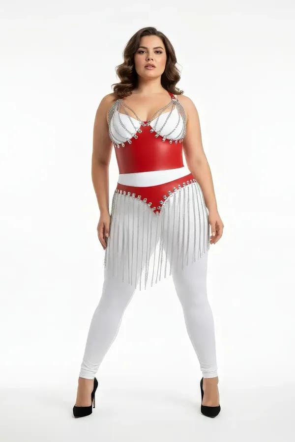 Red Vegan Leather Chest Harness with Chain Fringe Skirt
