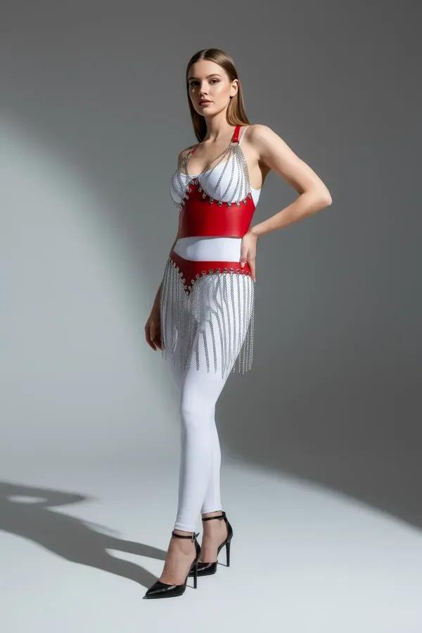 Red Faux Leather Harness with Chain Fringe Skirt