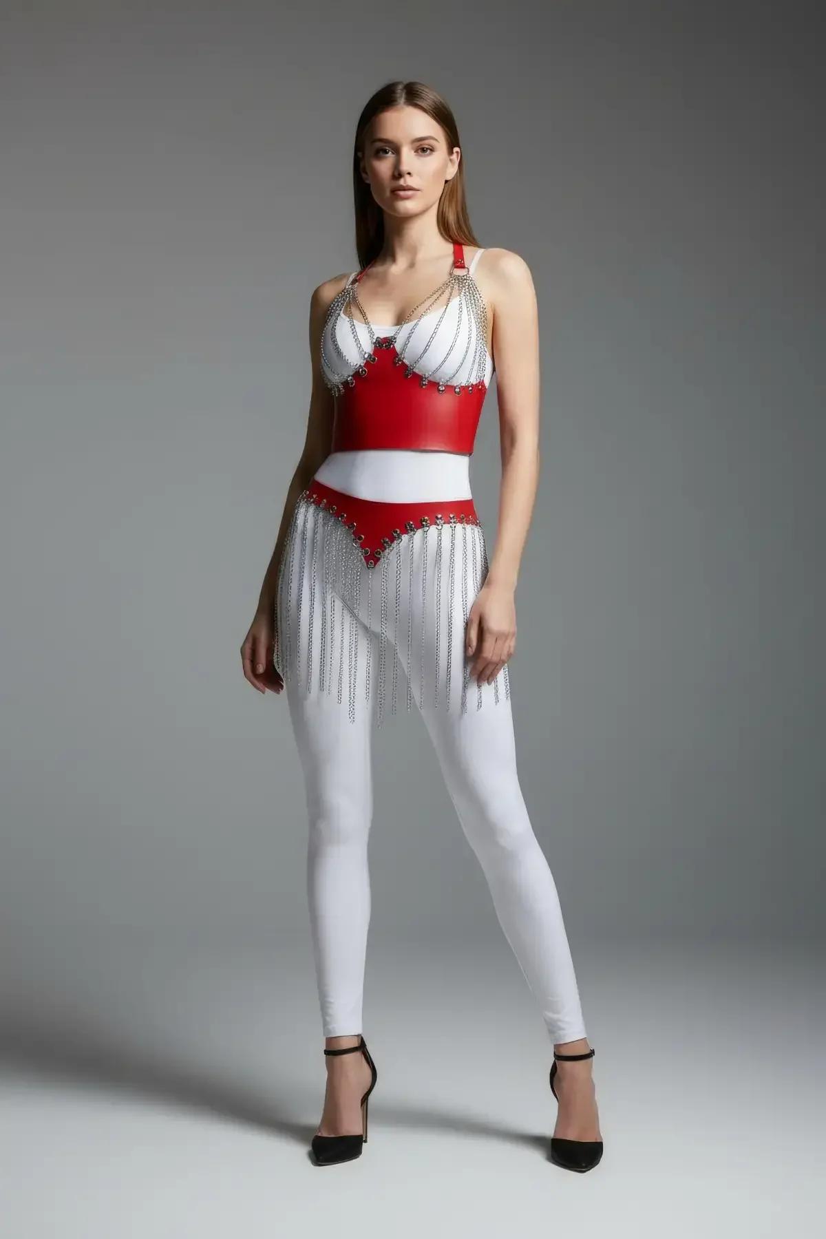 Red Faux Leather Harness with Chain Fringe Skirt