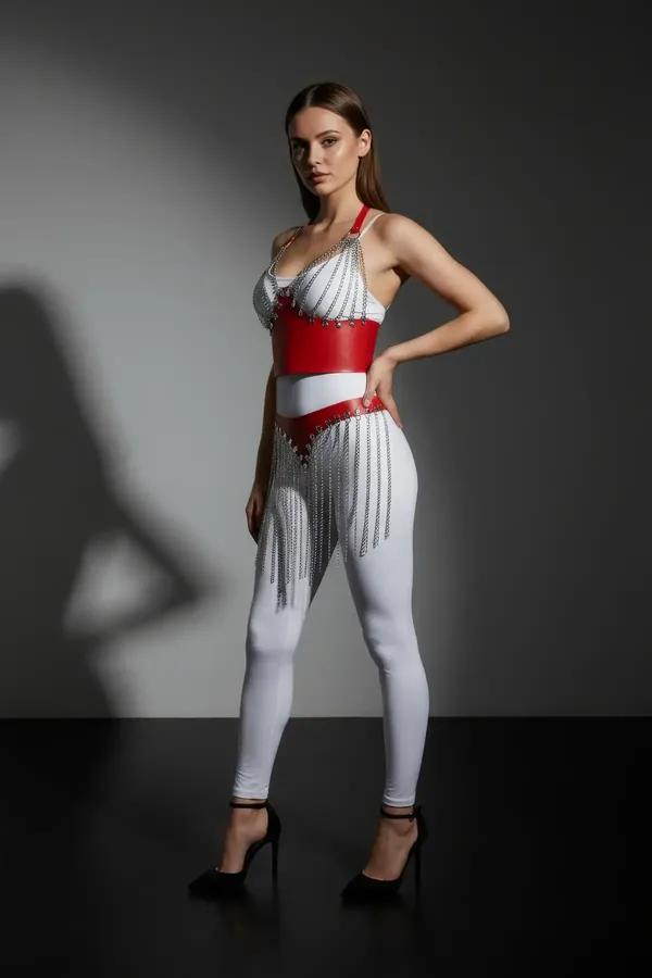 Red Faux Leather Harness with Chain Fringe Skirt