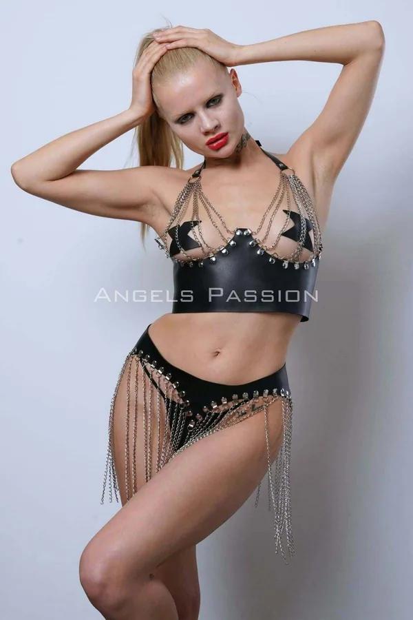 Faux Leather Bra Top and Chain Fringe Skirt Set