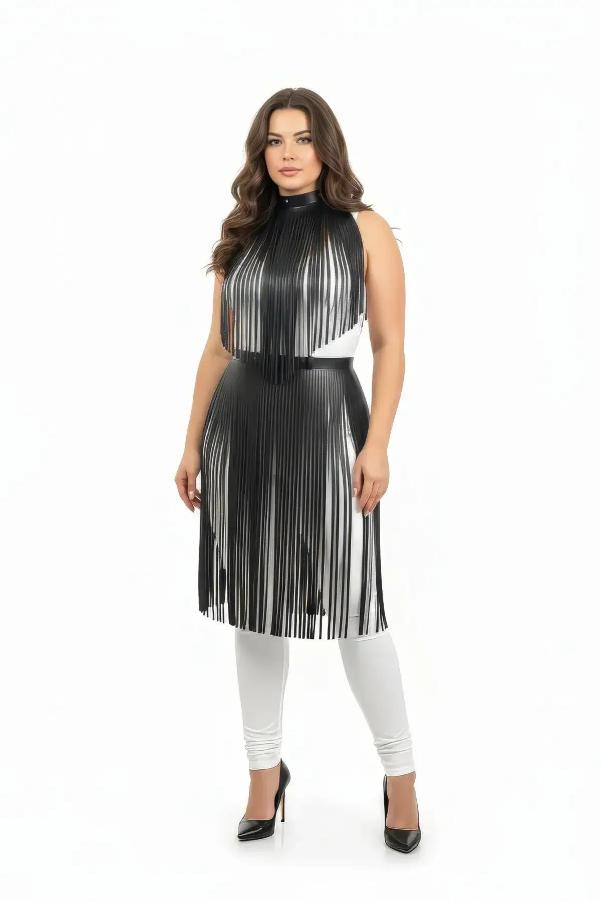 Fringe Overlay High Neck Harness Dress with Waist Belt