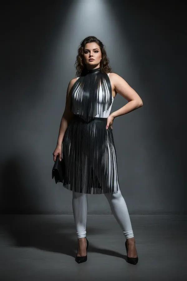 Fringe Overlay High Neck Harness Dress with Waist Belt