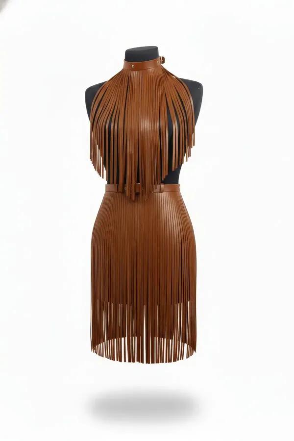 Fringed Faux Leather Harness Top & Midi Skirt Set