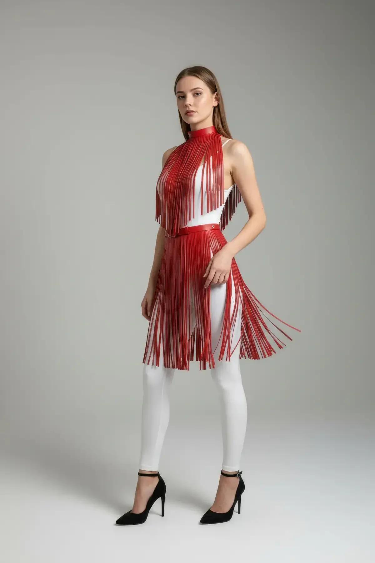 Red Fringed Faux Leather High Waist Fashion Overlay