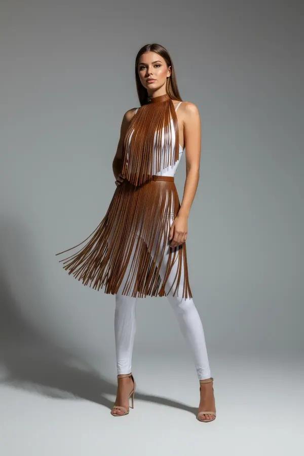 Fringe Halter Top & Waist Skirt Overlay Harness Set