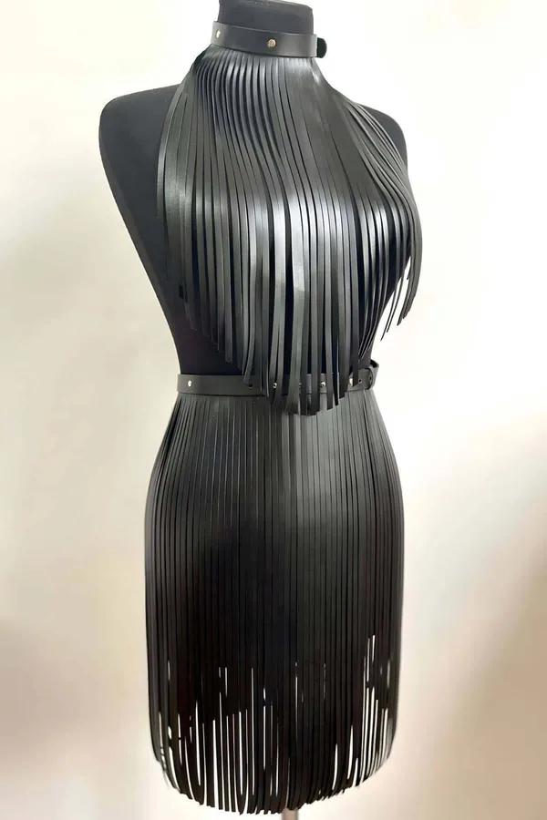 Fringe Faux Leather Halter Top & Skirt Set