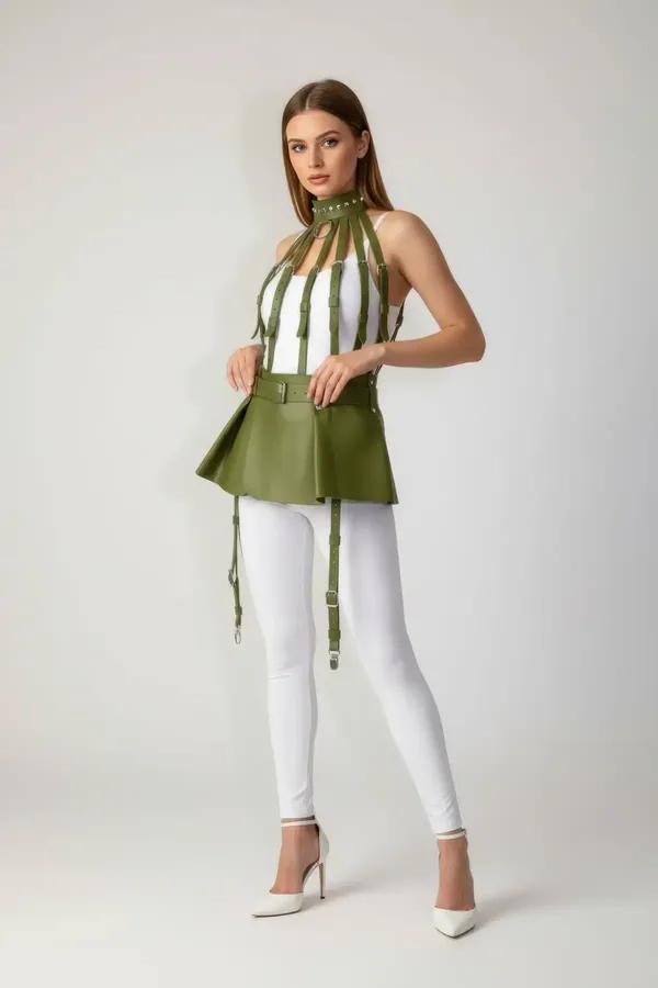 olive green vegan leather peplum body harness with studded high neck choker, five chest cage straps, and detachable silver-bu